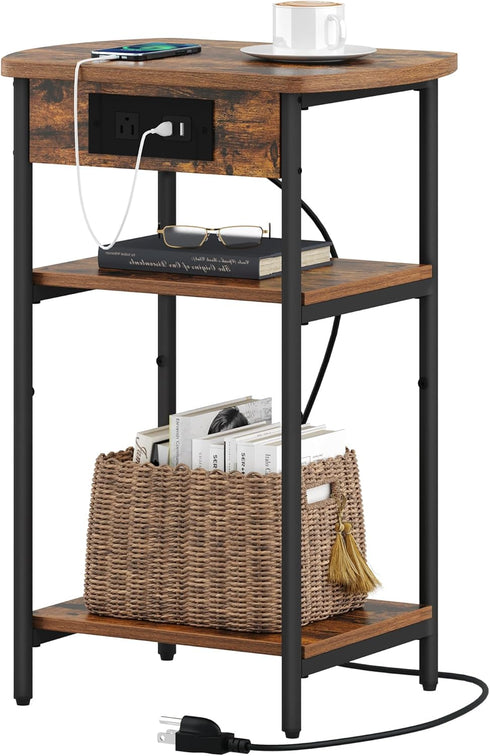 Hzuaneri End Table with Charging Station, 3 Tier Storage Bed Side Table
