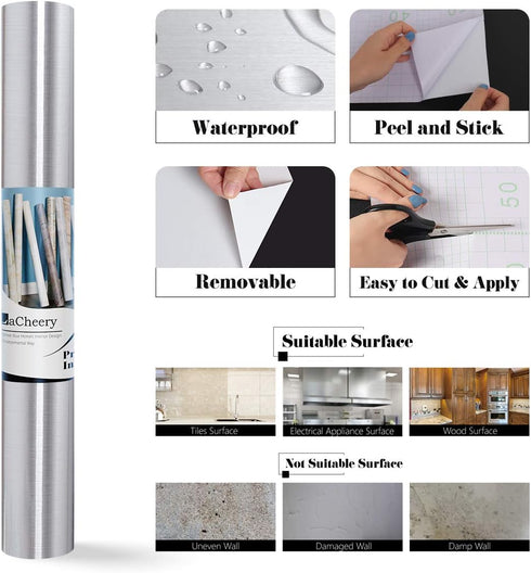 LaCheery 24x160in Silver Stainless Steel Backsplash Contact Paper - Waterproof Self Adhesive Vinyl Film for Countertop