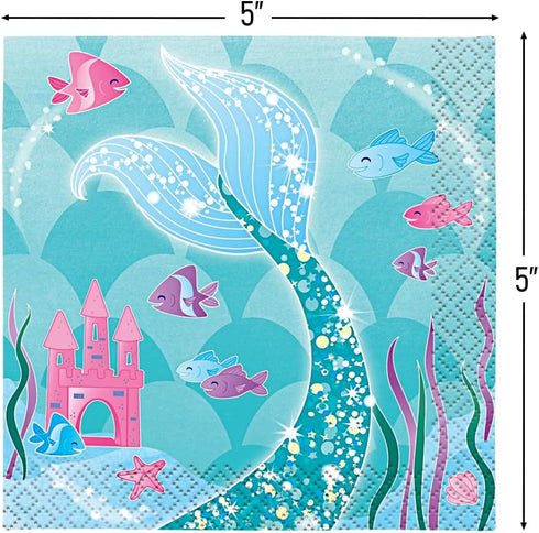 Mermaid Design Beverage Napkins (Pack of 16) - Perfect for Under-the-Sea Themed Parties