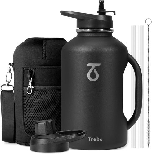 Trebo Insulated Water Bottle 64oz, with Handle and Straw Spout Lids, Half Gallon Stainless Steel Vacuum Flask, Black