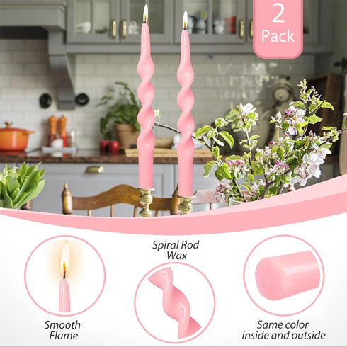 Set of 2 Pink Spiral Taper Candlesticks, 10 Inch Unscented Twisted Candle Sticks for Home Decoration Holiday Wedding