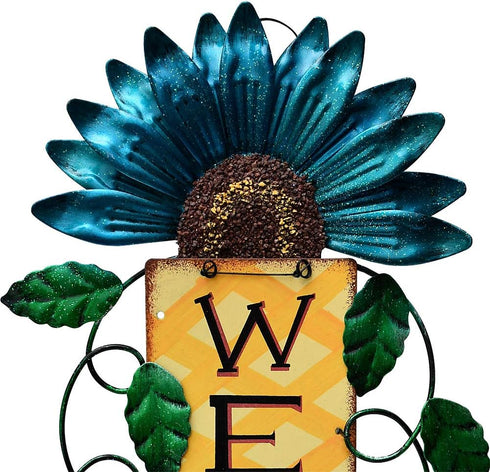 Welcome Sign for Front Door Decor, Metal Flower Hanging Wall Art for Indoor Outdoor Patio Garden Yard, 15.25X8.5In (C)