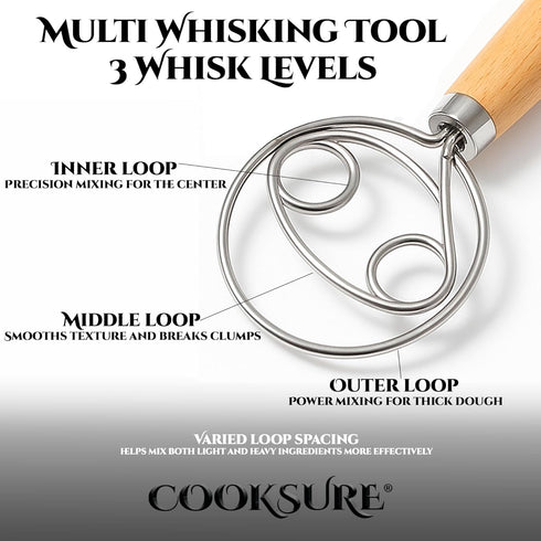 13 Inch 304 Danish Dough Whisk for Sourdough Bread Bread Whisk with Wooden Handle Stainless Steel Hook for Heavy Dough