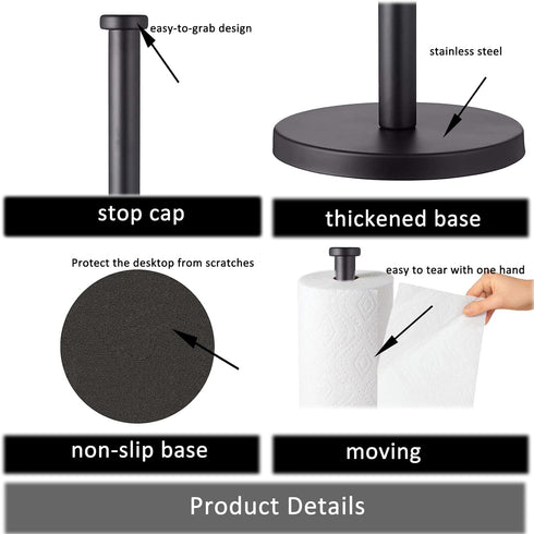 Stainless Steel Paper Towel Holder, Black Countertop Stand for Kitchen Bathroom with Weighted Base for Standard Rolls