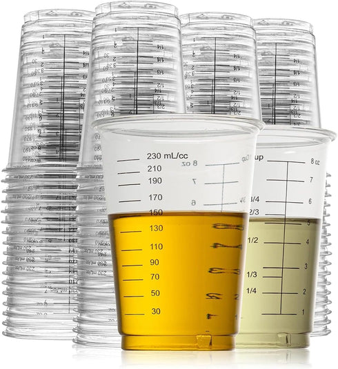 Prestee 50 Disposable Measuring Cups 8 oz - Clear Plastic Paint Measuring Cups for Epoxy Resin, Baking, Crafting