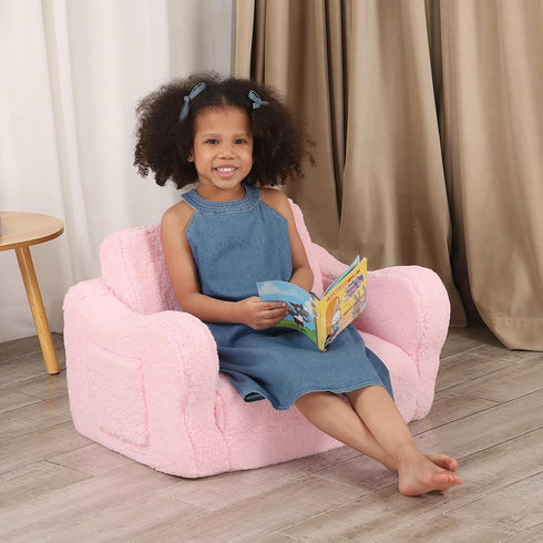 2-in-1 Comfy Toddler Chair, Toddler Couch Fold Out, Convertible Sherpa Sofa to Lounger for Boys & Girls, Pink