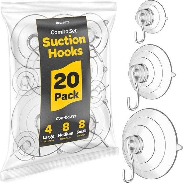 SEWANTA All-Purpose Suction Cup Hooks, 20PK Combo Set, Powerful Window Suction Cups with Hooks for Hanging