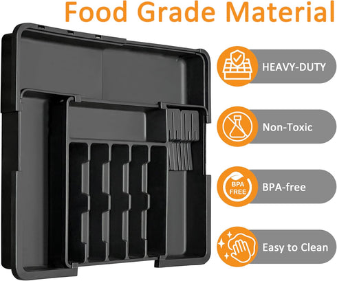 Homecor Silverware Organizer, Expandable Large Kitchen Drawer Organizer with 2 Removable Knife Blocks, Black