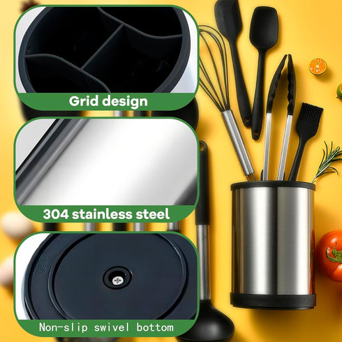 Kitchen Utensil Holder for Countertop, 360° Rotating Stainless Steel Crocks, 6.7” Large Utensil Holder