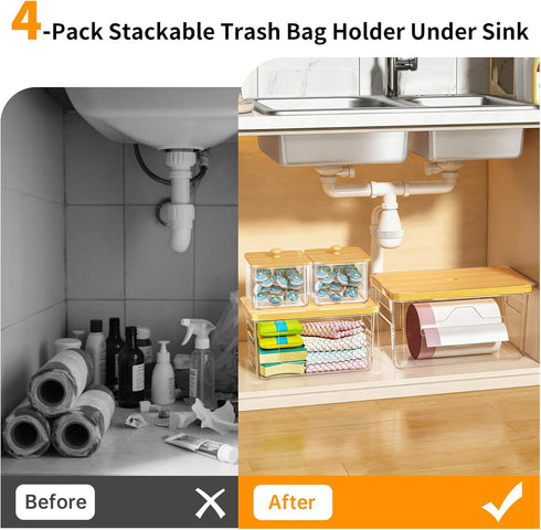 4 Pack FELIZHOUSE Trash Bag Holder with Bamboo Lid, Stackable Garbage Bag Dispenser Under Sink, Storage Organizer