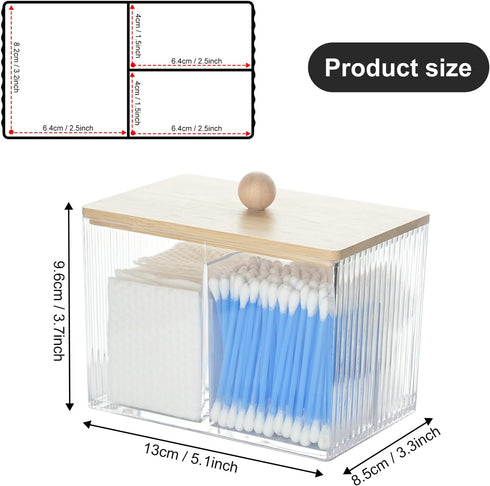 Wood Lid Qtip Holder - Clear Bathroom Cotton Ball Canister for Cotton Swabs, Dental Floss, Hair Bands for Vanity