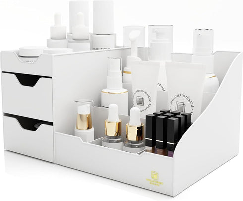 Uncluttered Designs Large Makeup Organizer for Vanity - Countertop Desk with Drawers for Cosmetic, White