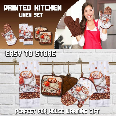 Lobyn Value Packs: 5-Piece Café Latte Kitchen Towel Set - Quilted Oven Mitt & 2 Potholders