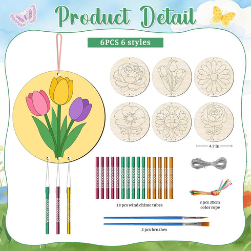 BAPHILE 6 Pack Summer Wind Chime Kit for Kids to Paint Make You Own Wind Chimes Wooden Art Arts and Crafts Ornaments