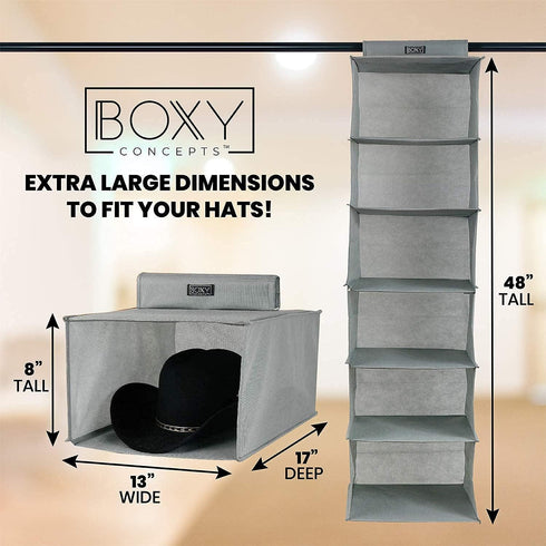 Boxy Concepts 6-Shelf Cowboy Hat Organizer Rack - 13in Wide X-Large Grey, Hat Rack for Wall Mount Hook & Loop
