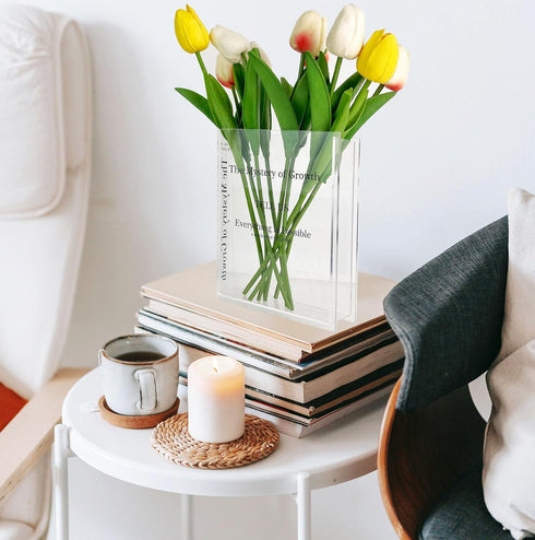 Acrylic Book Vase for Flowers, Modern Aesthetic Flowers Vase for Bookshelf, Desk, Room, Office, Home Decor (Clear)