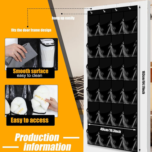 24 Pockets Hanging Shoe Organizer, Large Clear Pockets Over the Door for Closet Storage (Black)