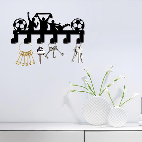 CREATCABIIN Football Key Holder, Wall Mounted Metal Welcome Home Decoration with 6 Hooks (5.1x10.6 Inch, Black)