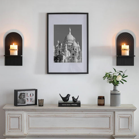 Set 2 Black Boho Candle Sconces Decor: of Wood Mid-Century Wall Candle Holder for Hallway Fireplace Bedroom - Arch Wall