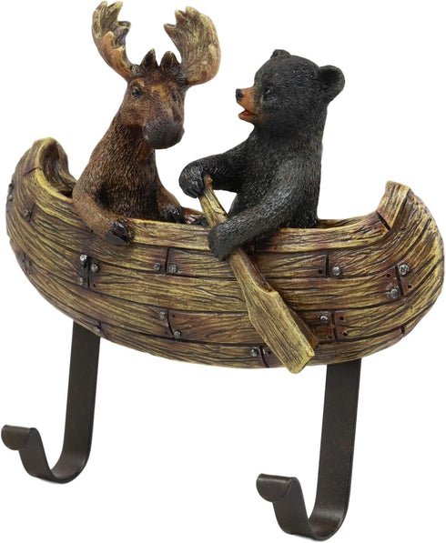Ebros Whimsical Forest Creek Buddies Wall Hooks | Rustic Black Bear and Elk Moose Canoe 7" Wide Hanger Decor