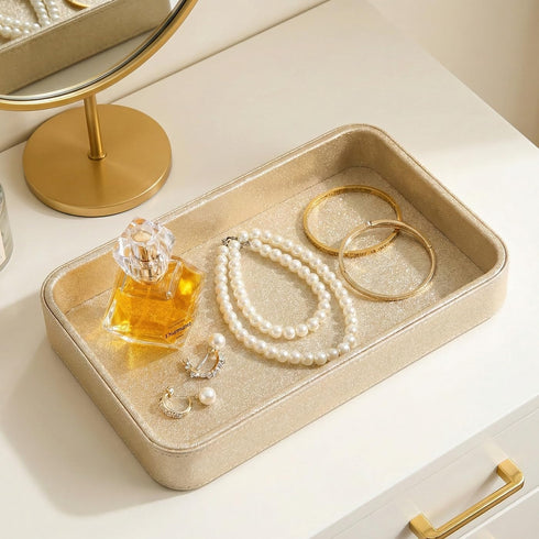 GORESE Gold Perfume Tray, Decorative PU Leather Jewelry Tray for Dresser and Nightstand Organizer, Catch-All Vanity
