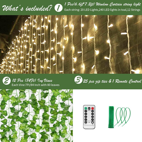 12 Pack 240 KASZOO Artificial Ivy Leaf Plants with LED Window Curtain String Lights, Fake Plants Vine Hanging Garland