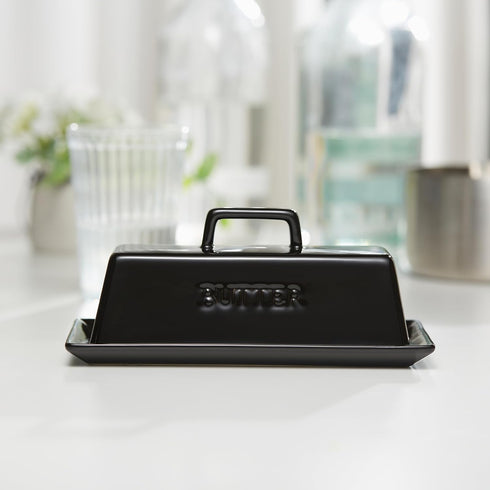 Kook Ceramic Butter Dish with Lid for Countertop, Microwave and Dishwasher Safe Butter Keeper, Black Butter Container