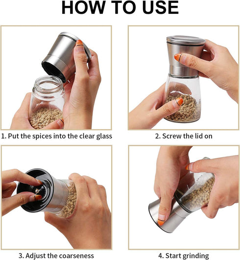 Herda 304 Brushed Stainless Steel Salt and Pepper Grinder - Adjustable Ceramic Shaker, Tall Glass Mill (2Pcs)