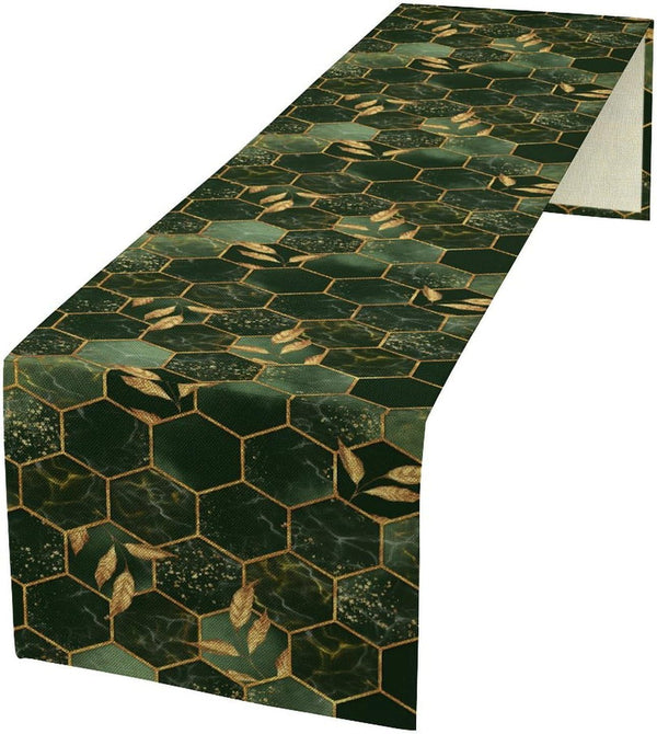 Nitmbi Marble Table Runner,Green Golden Marble Texture Abstract Art Pattern Table Runner for