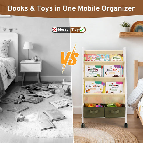EARLY MINDS 3-Tier Kids Bookshelf with Storage, Wheels & Handle, Montessori Sling Book Organizer for Toddlers