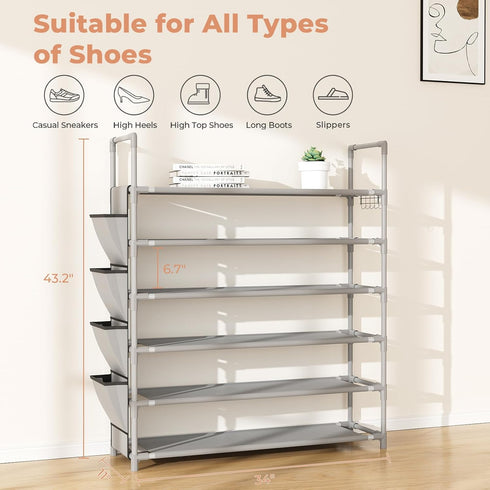 6 24-30 Closet, LANTEFUL Tier Shoe Rack Storage for Pairs Shoe and Boot, Shoe Organizer with Hook and Side Pocket Free