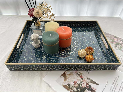 Decor,16" 12" Plastic Serving Tray with Handles,Large Ottoman Tray for Living Room,Large Rectangle Trays for Ottoman