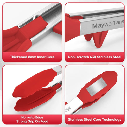 Maywe Tanso 5-Pack Silicone Tongs for Cooking, 4PCS 13-Inch Nonstick Stainless Steel Tongs with Brush