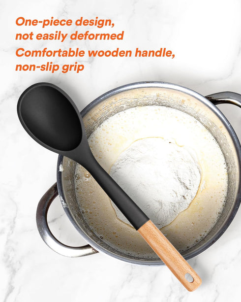Large Silicone Cooking Spoons, Nonstick Solid Wooden Handle, Heat Resistant Kitchen Spoons for Cooking & Serving