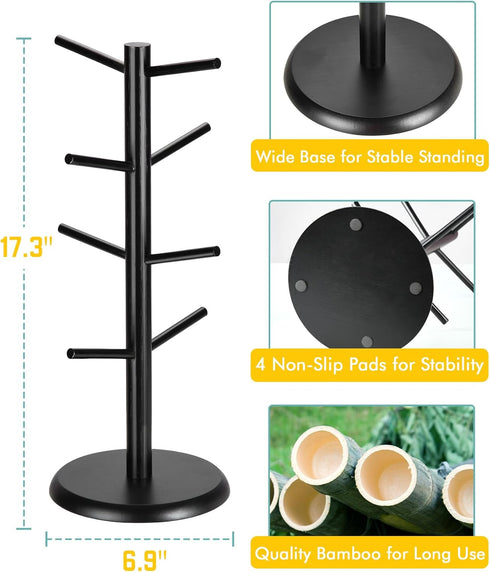 Lorbro Coffee Mug Tree with 8 Hooks, Bamboo Countertop Mug Stand, Kitchen Organizer Storage Stand (Black)