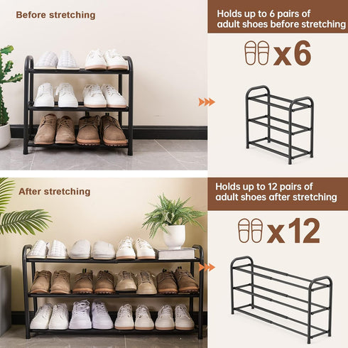 3-Tier Closet Gonfoam Expandable Shoe Rack,Adjustable Shoe Shelf Storage Organizer Heavy Duty Metal Free Standing Shoe
