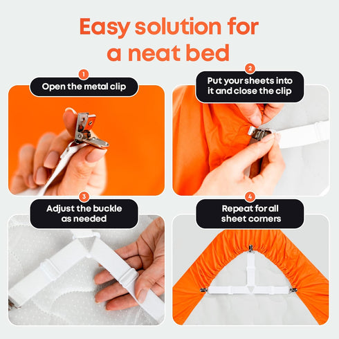 5 STARS UNITED Bed Sheet Straps Set, Adjustable Elastic Fasteners with Metal Clips, Fitted Sheet Clips (4 Pcs White)