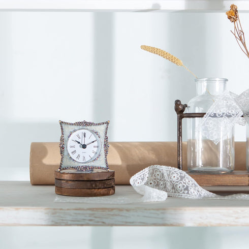 NIKKY HOME Small Quartz Analog Table Clock - Elegant Crystal Design, Non-Alarm, 3.5x1.5x3.5 Inches, White & Pink