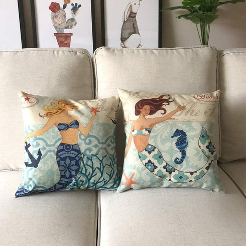 ULOVE LOVE YOURSELF Ocean Theme Throw Pillow Case - 4 Pack Cotton Linen Mermaid Square Cushion Covers 18 X 18 Inch