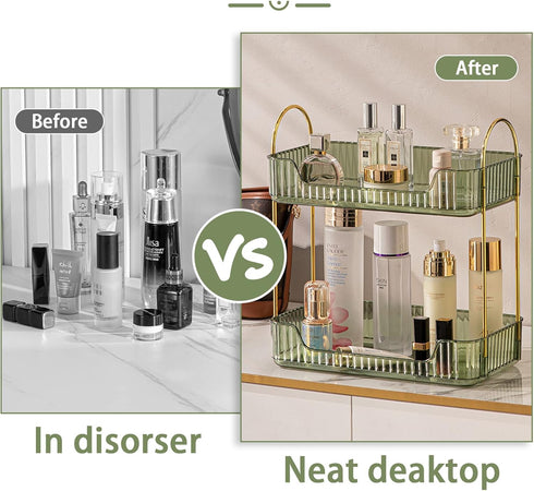 Bathroom Counter Organizer - 2 Tier Countertop Storage for Cosmetics, Skincare, Makeup, Green Vanity Tray, Spice Rack