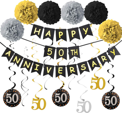 50th Wedding Anniversary Decorations Kit, Gold Glitter Happy 50th Banner, Sparkling 50 Hanging Swirls, Poms