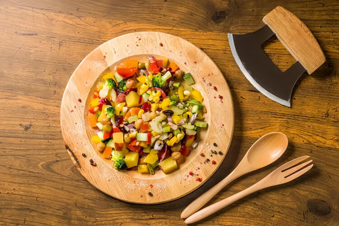TLIOCAS Set,Mezzaluna 7inch Alaska Ulu Knife Mezzaluna Cutter n Chopping Bowl Mincing Chopper with Base n Recessed