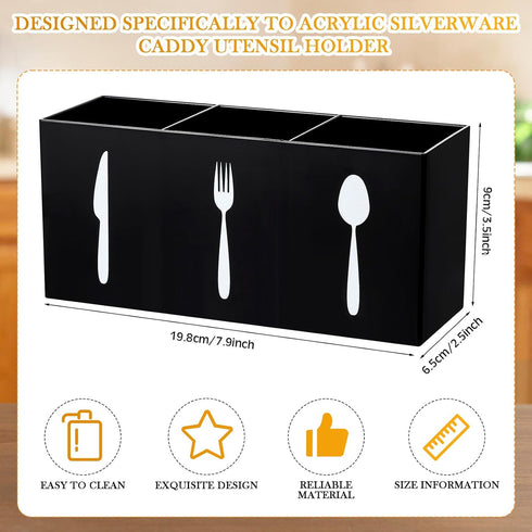 Acrylic Cutlery Storage Organizer Bin Silverware Caddy Countertop Knife Spoon and Fork Holder Kitchen 3 Section Tableware Storage Box for Cabinet Indoor Home Flatware Dining Room (Black) by Suzile