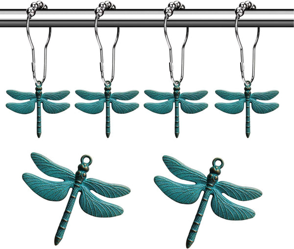 Decorative Antique Green Dragonfly Shower Curtain Hooks - Rust Proof Rings for Natural Forest Garden Bathroom Decor