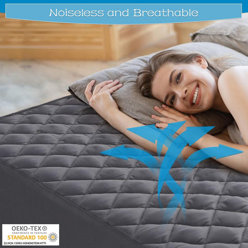 GRT Twin Size Grey Quilted Fitted Mattress Pad, 100% Waterproof, Noiseless Cotton Mattress Protector