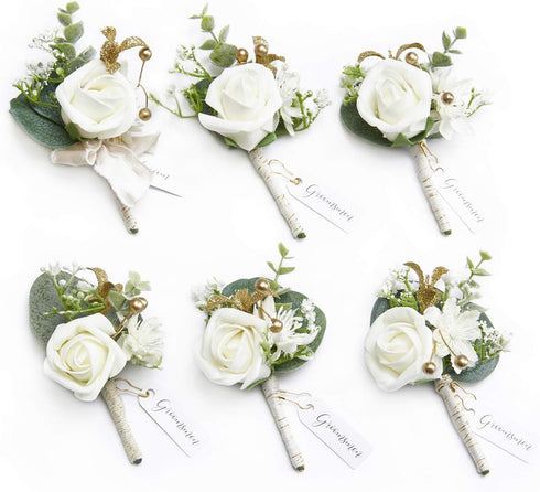 Ling's Moment 6pcs Boutonniere for Men, Artificial Flowers for Wedding Decor, White Baby Breath Ivory