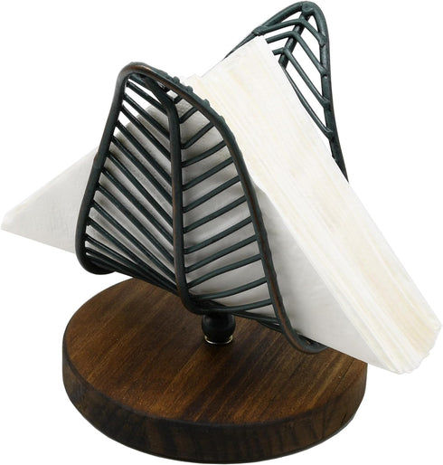 OwlGift Freestanding Modern Napkin Holder, Golden Turquoise Wrought Iron Leaf & Brown Wooden Base Design, Tissue