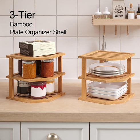 3 Shelf(2 Pack),Plate Countertop VERTORGAN Tier Bamboo Corner Organizer,Dish Drying Rack,Kitchen Spice Rack