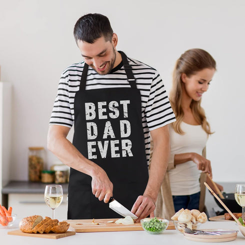BBQ Funny Apron for Men - Best Dad Ever Chef Bib with 2 Pockets, Adjustable Neck Strap, Black
