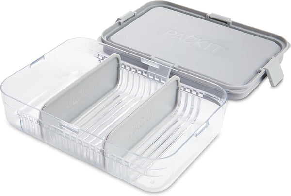 PackIt Mod Lunch Bento Food Storage Container - Steel Gray, Shatterproof Base, Leak-Resistant Dividers